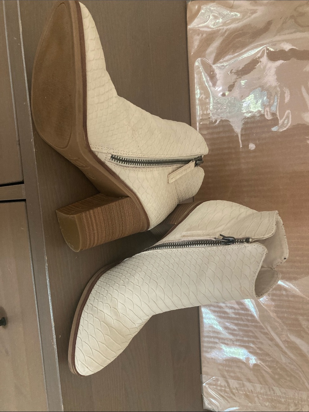 MIA Cream Textured Zip Ankle Booties with Stacked Heel